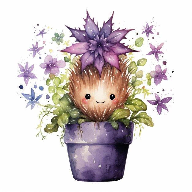 Photo there is a small hedgehog sitting in a pot with flowers generative ai