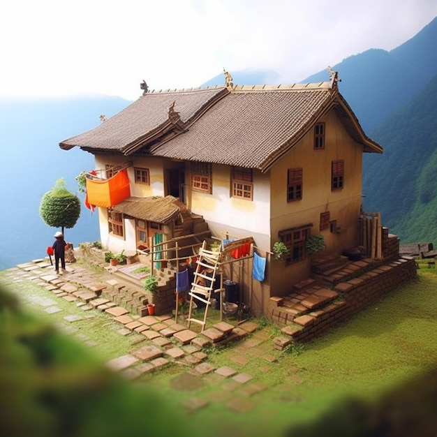 There is a small house on a hill with a lot of windows generative ai