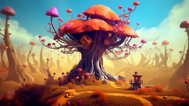 there is a small house in the middle of a field with mushrooms generative ai