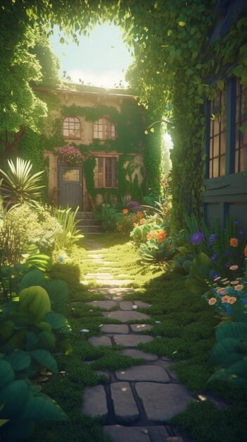 There is a small house in the middle of a garden generative ai