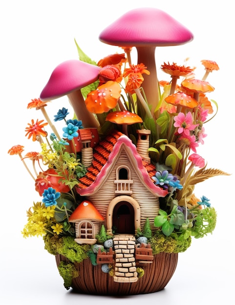 there is a small house with a garden of mushrooms and flowers generative ai