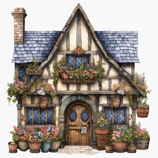 there is a small house with a lot of flowers on the front generative ai