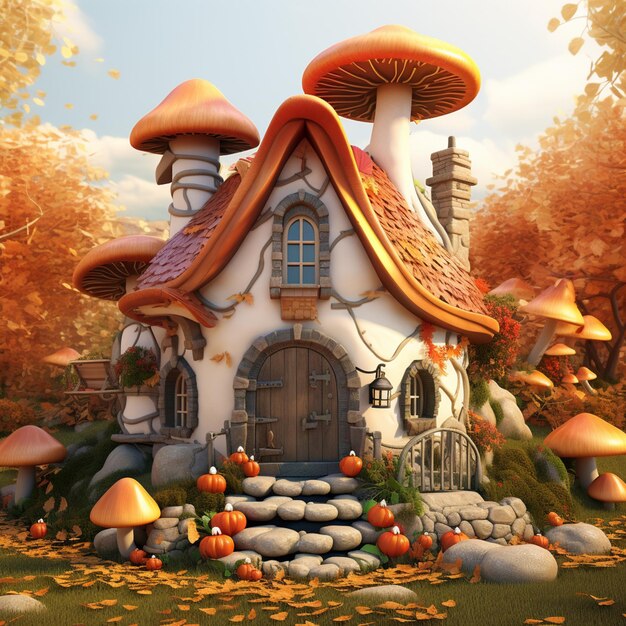 there is a small house with a lot of mushrooms on the ground generative ai