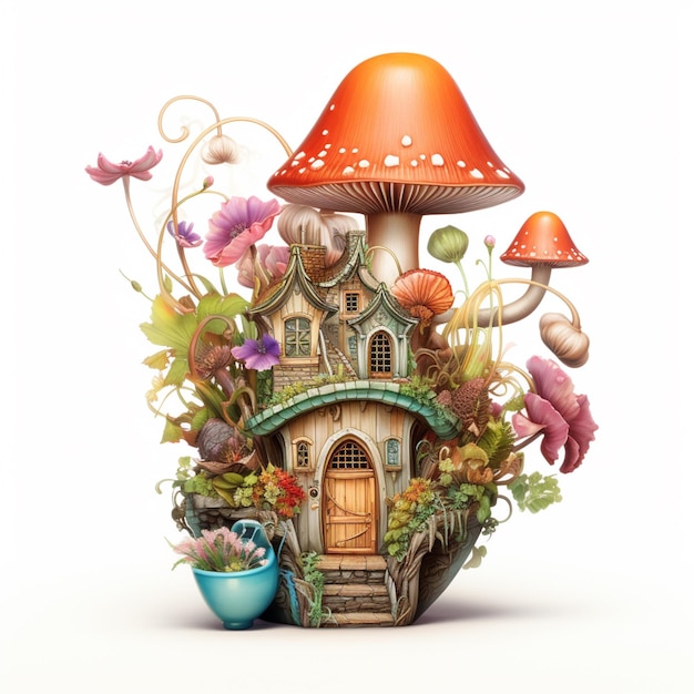 there is a small house with a mushroom roof and a door generative ai