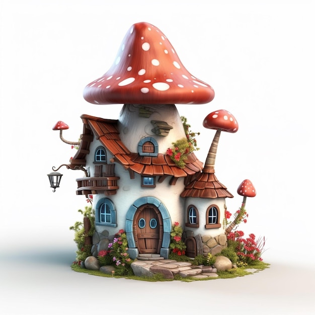 there is a small house with a mushroom roof and a lamp post generative ai