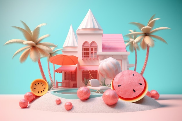 There is a small house with a watermelon and a slice of watermelon generative ai