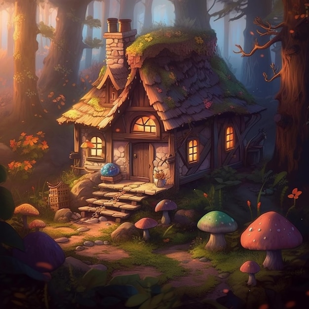 There is a small house in the woods with mushrooms generative ai