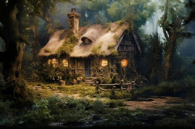 There is a small house in the woods with a thatched roof generative ai