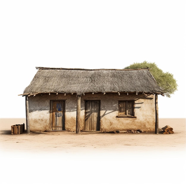 there is a small hut with a thatched roof and a tree generative ai