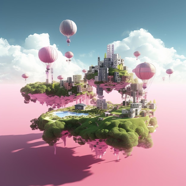 there is a small island with a castle and a lot of balloons generative ai