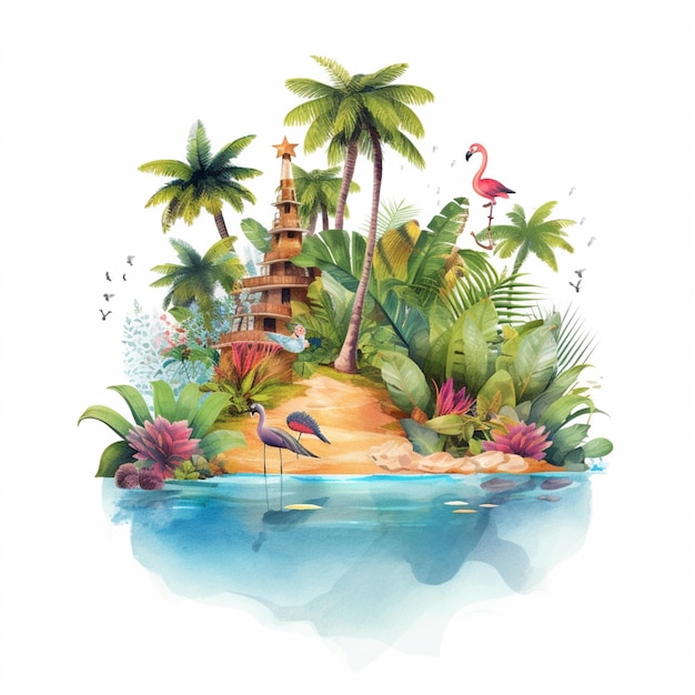 There is a small island with a castle and palm trees generative ai