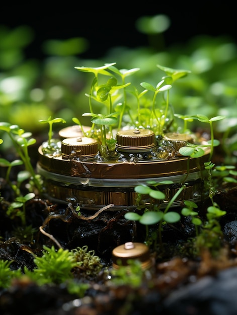 there is a small jar with coins and plants growing out of it generative ai