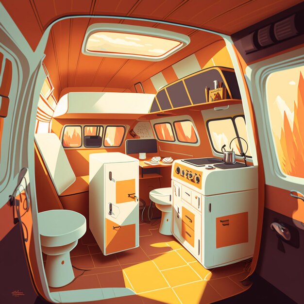 there is a small kitchen in the back of a van generative ai