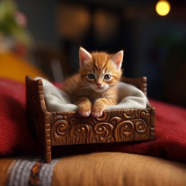 there is a small kitten sitting in a miniature bed on a bed generative ai