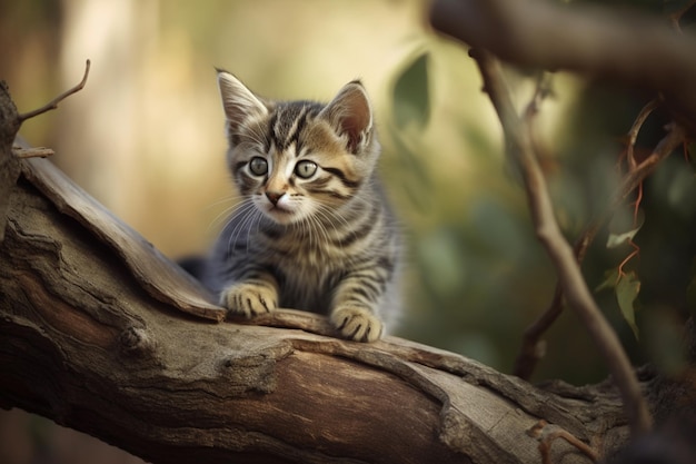Foto c'è un piccolo gattino seduto su un ramo di un albero generativo ai