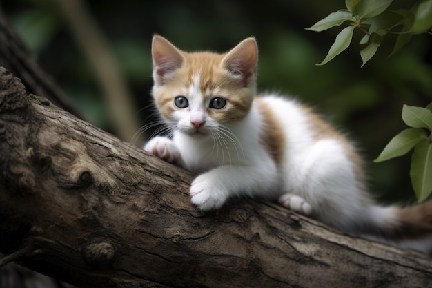 木の枝の上に座っている小さな子猫がいる