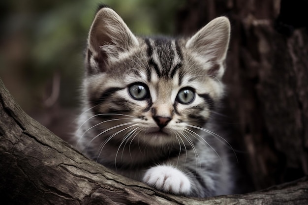 There is a small kitten that is sitting in a tree generative ai