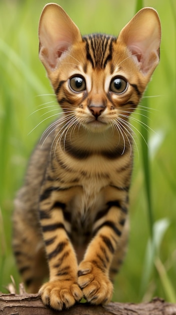 Foto c'è un piccolo gattino che è in piedi su un tronco generativo ai