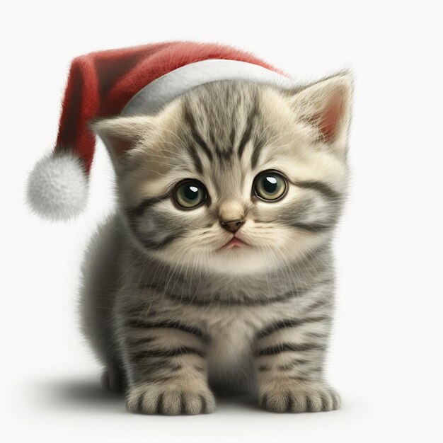 There is a small kitten wearing a santa hat on a white background generative ai