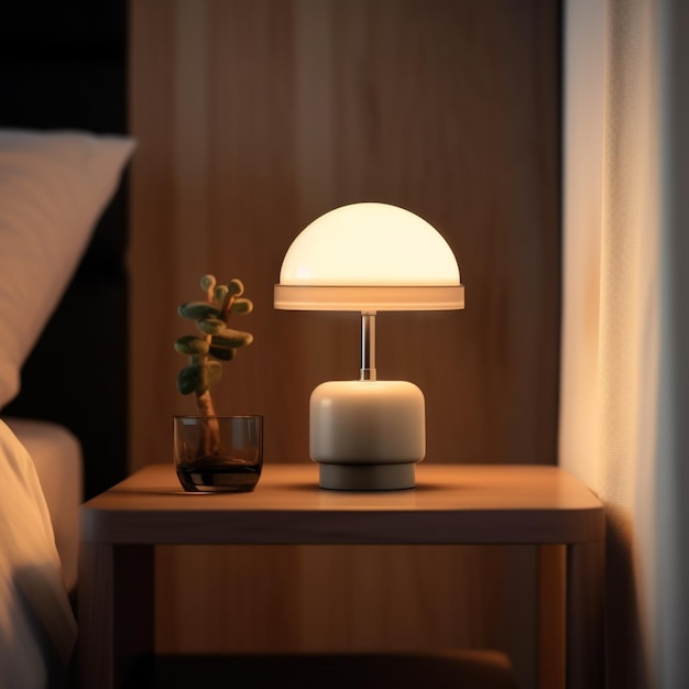 There is a small lamp on a small table next to a bed generative ai