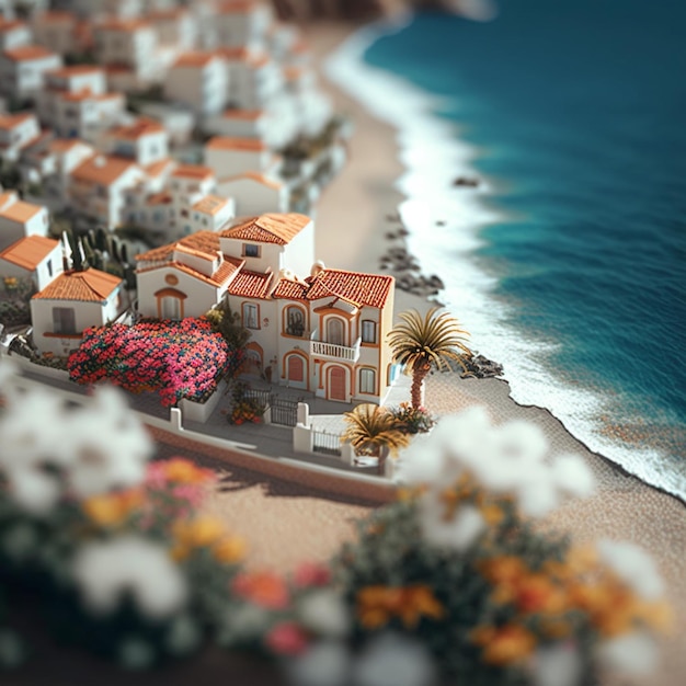 there is a small model of a beach town with a boat generative ai