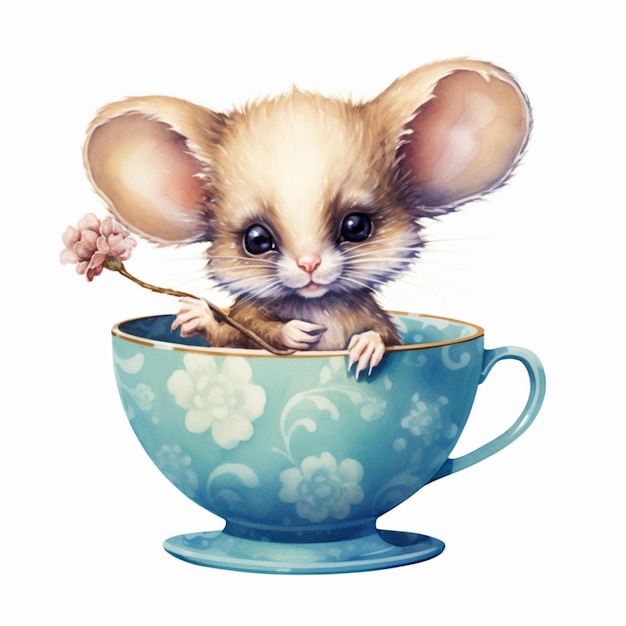 there is a small mouse sitting in a tea cup with a spoon generative ai