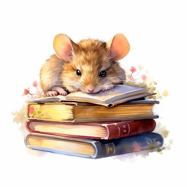 На вершине стопки книг с генеративным искусственным интеллектом сидит маленькая мышь.