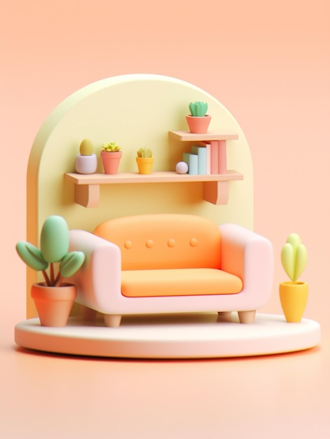 Photo there is a small orange couch and a shelf with plants generative ai