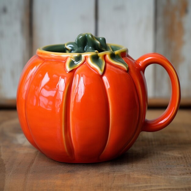 Foto c'è una piccola tazza a forma di zucca arancione con una foglia verde in cima generativa ai