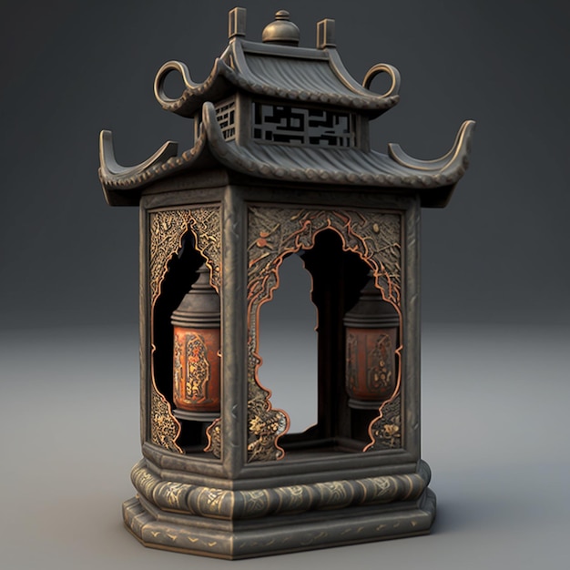 There is a small oriental lantern with a bell on top generative ai