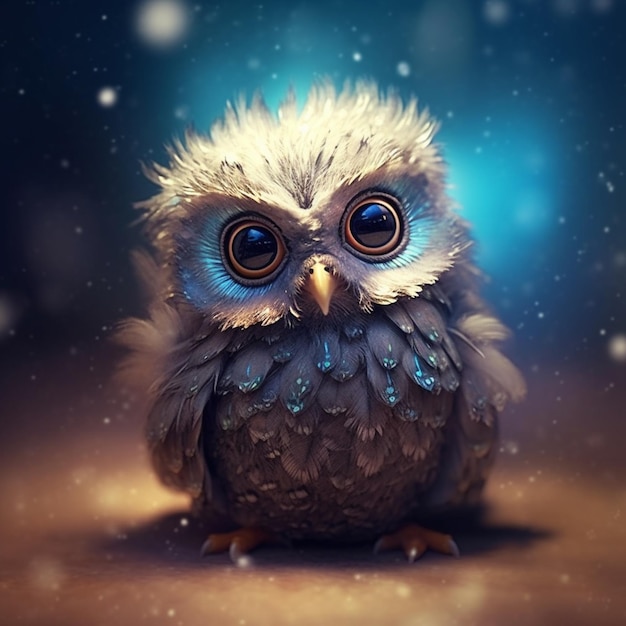 There is a small owl sitting on a table with snow falling around it generative ai