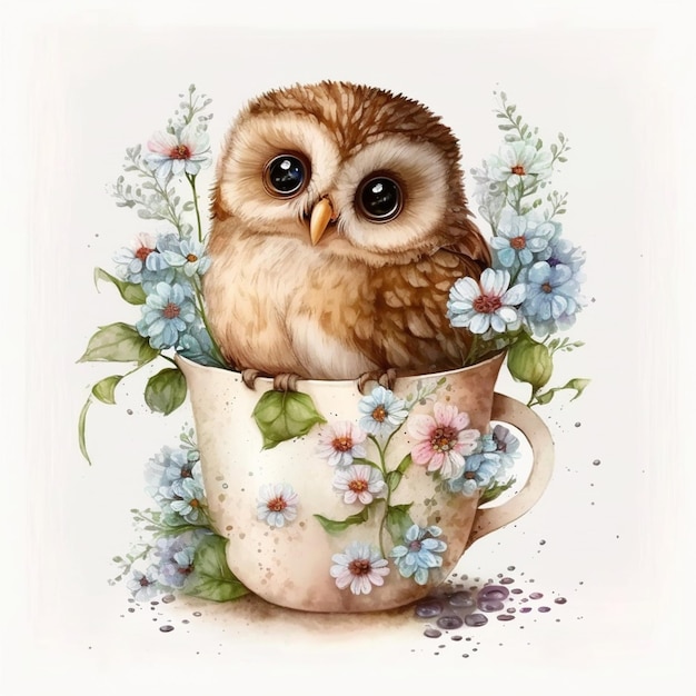 There is a small owl sitting in a tea cup with flowers generative ai