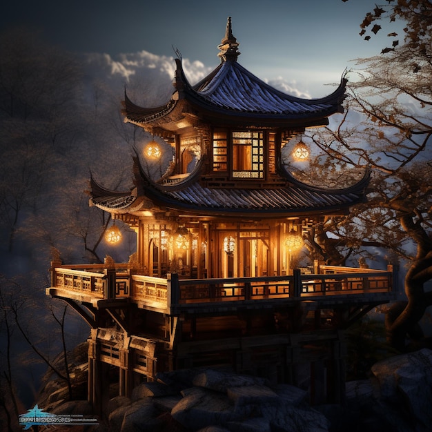 there is a small pagoda with a lit up window on a hill generative ai