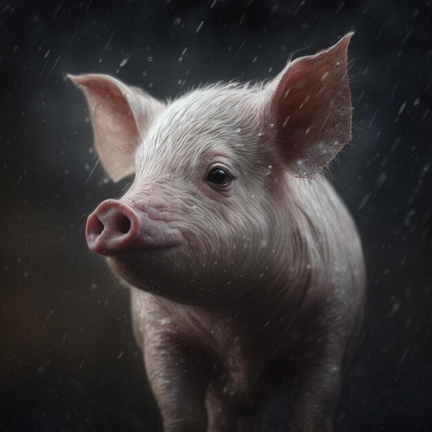 There is a small pig standing in the rain looking at the camera ai generative