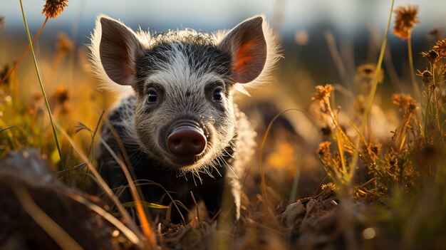 There is a small pig that is standing in the grass generative ai