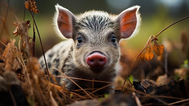 There is a small pig that is standing in the grass generative ai