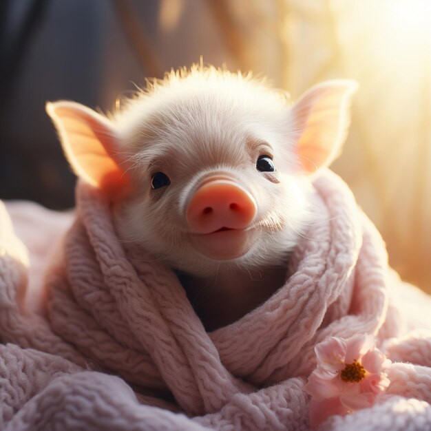 Photo there is a small pig that is wrapped up in a blanket generative ai