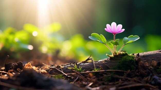 丸太生成aiから小さなピンクの花が生えています