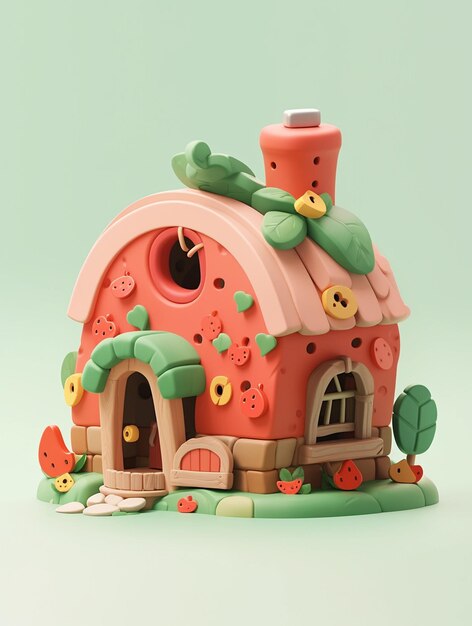 there is a small pink house with a green roof and a flower garden generative ai