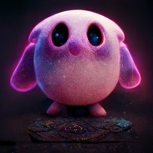 there is a small pink toy with big eyes on a black surface generative ai