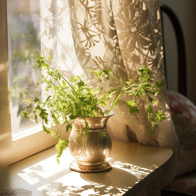 there is a small plant in a silver vase on a table generative ai