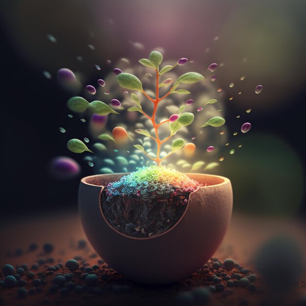 There is a small plant that is growing out of a bowl generative ai