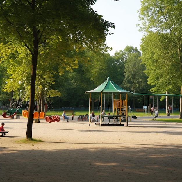 There is a small playground with a green canopy and a bench generative ai