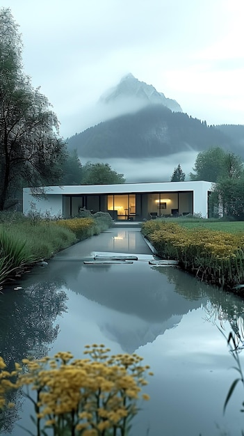 there is a small pond in front of a house with a mountain in the background generative ai