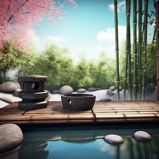 There is a small pond with rocks and a stone lantern generative ai