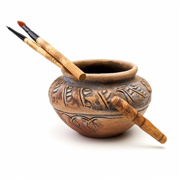 There is a small pot with a wooden handle and two brushes in it generative ai