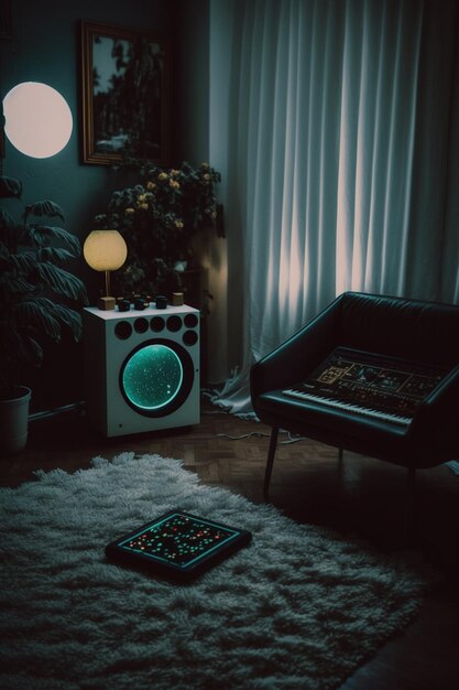 Photo there is a small radio sitting on a rug in a room generative ai