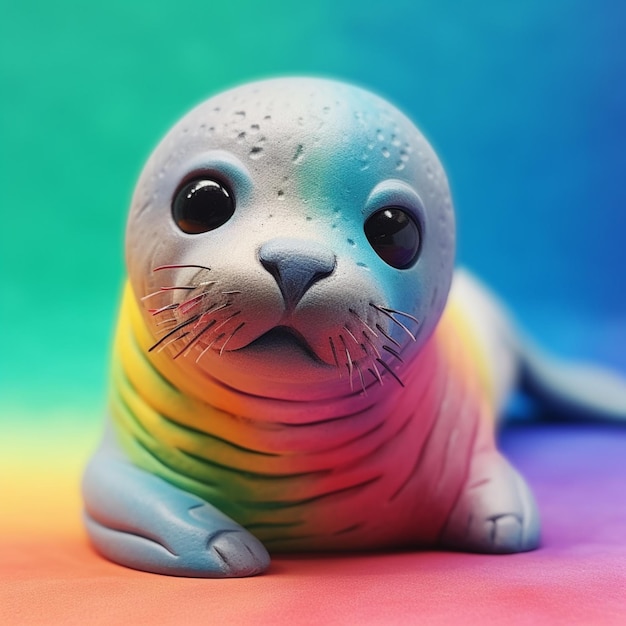 There is a small seal toy sitting on a colorful surface generative ai