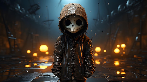 there is a small skeleton in a hoodedie standing in the rain Generative AI