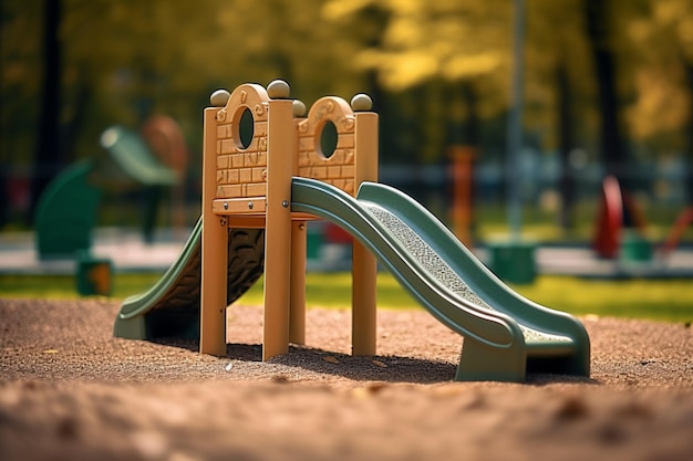 there is a small slide in the sand at the park generative ai